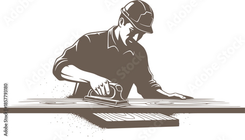 Carpenter man sanding wood plank craftsmanship vector icon
