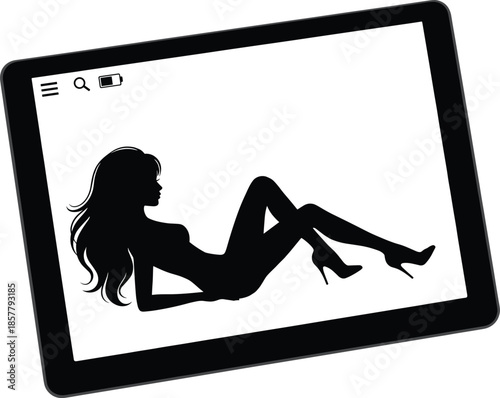 Black Silhouette of a Glamorous Young Woman in High Heels Lying Inside a Digital Tablet Screen Isolated on White Background