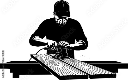 Carpenter man sanding wood plank craftsmanship vector icon
