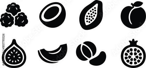 Fruits icon set. All mix fruit set, banana, strawberry, pineapple, watermelon, grapes, mango, blueberries, peach, cherry, lemon, avocado, pear, kiwi, Vector illustration !