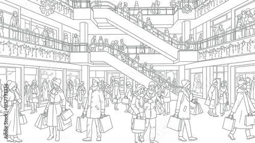 Busy black and white illustration of many bundled up people shopping inside a multi-level mall atrium during the winter holiday season