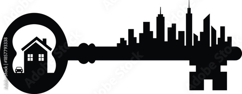 Conceptual Silhouette Illustration of a Key Representing Urban Real Estate Success Property Ownership and Unlocking Dreams of City Living and Wealth