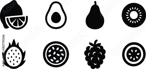 Fruits icon set. All mix fruit set, banana, strawberry, pineapple, watermelon, grapes, mango, blueberries, peach, cherry, lemon, avocado, pear, kiwi, Vector illustration !