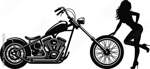 Custom chopper motorcycle silhouette with beautiful woman posing in high heels isolated on white background for biker lifestyle design