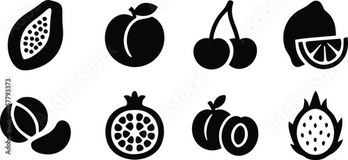 Fruits icon set. All mix fruit set, banana, strawberry, pineapple, watermelon, grapes, mango, blueberries, peach, cherry, lemon, avocado, pear, kiwi, Vector illustration !