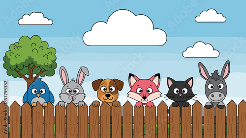 Cute Cartoon Animal Characters Including Dog Cat Fox and Rabbit Peeking Over a Wooden Fence in a Sunny Outdoor Garden Landscape