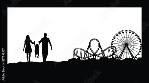 Happy family walking with child silhouette at amusement park with roller coaster and ferris wheel for summer vacation travel concept