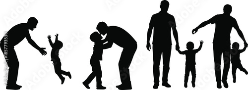 Happy family walking with child silhouette at amusement park with roller coaster and ferris wheel for summer vacation travel concept