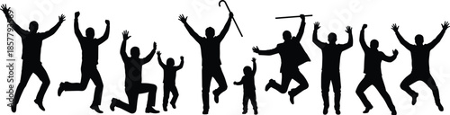 Large group of diverse people jumping for joy in silhouette with arms raised celebrating success freedom and happiness together vector