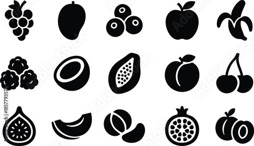Fruits icon set. All mix fruit set, banana, strawberry, pineapple, watermelon, grapes, mango, blueberries, peach, cherry, lemon, avocado, pear, kiwi, Vector illustration !