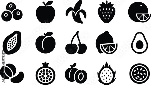 Fruits icon set. All mix fruit set, banana, strawberry, pineapple, watermelon, grapes, mango, blueberries, peach, cherry, lemon, avocado, pear, kiwi, Vector illustration !