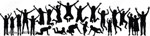 Large Group of Happy People Silhouette Set Jumping and Cheering in Celebration Representing Joy Community Success Freedom and Active Healthy Lifestyle