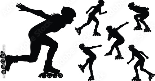 Set of active inline skater silhouettes practicing speed skating and fitness maneuvers isolated on white background for sports and lifestyle design