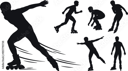 Set of Professional Inline Skater Silhouettes Featuring Dynamic Speed Skating Poses and Athletic Action Figures for Sports Competition Graphic Design Elements