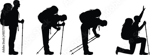 Silhouette illustration of male hikers with backpacks and trekking poles, showing different stages of mountain climbing, exhaustion and success celebration