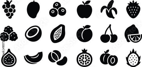 Fruits icon set. All mix fruit set, banana, strawberry, pineapple, watermelon, grapes, mango, blueberries, peach, cherry, lemon, avocado, pear, kiwi, Vector illustration !