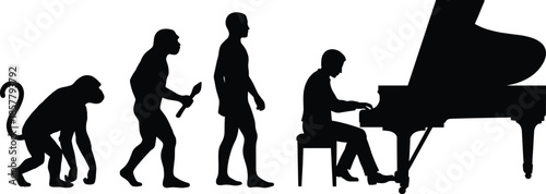 Silhouette Illustration Showing the Evolution of Man from Primitive Primates to a Professional Modern Musician Playing a Grand Piano Instrument