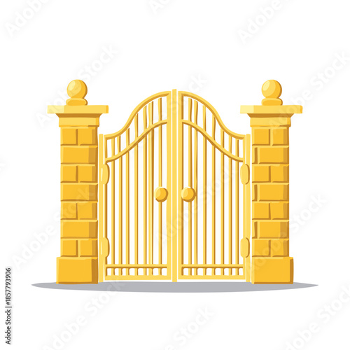 Golden gates entrance with brick columns, ornate archway, golden color, vector image, decorative architectural design