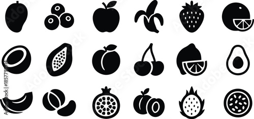 Fruits icon set. All mix fruit set, banana, strawberry, pineapple, watermelon, grapes, mango, blueberries, peach, cherry, lemon, avocado, pear, kiwi, Vector illustration !