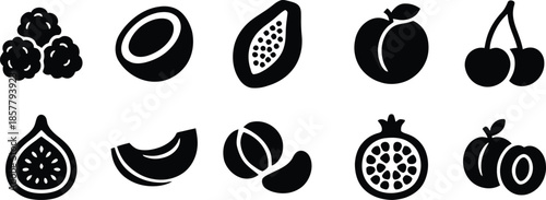 Fruits icon set. All mix fruit set, banana, strawberry, pineapple, watermelon, grapes, mango, blueberries, peach, cherry, lemon, avocado, pear, kiwi, Vector illustration !
