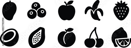 Fruits icon set. All mix fruit set, banana, strawberry, pineapple, watermelon, grapes, mango, blueberries, peach, cherry, lemon, avocado, pear, kiwi, Vector illustration !