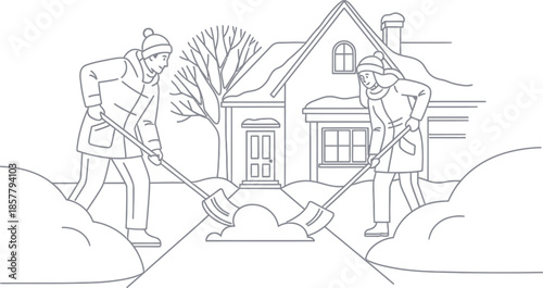 A couple works together diligently shoveling snow from the walkway leading up to their cozy home during a cold winter morning