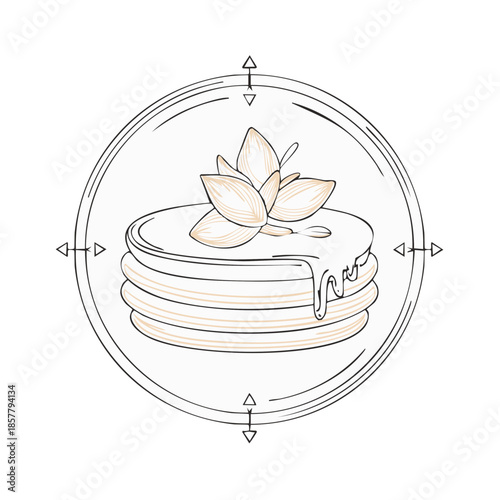 Hand Drawn Pancakes Stack with Lotus Flower Topping in Round Frame Elegant Dessert Treat Illustration Isolated