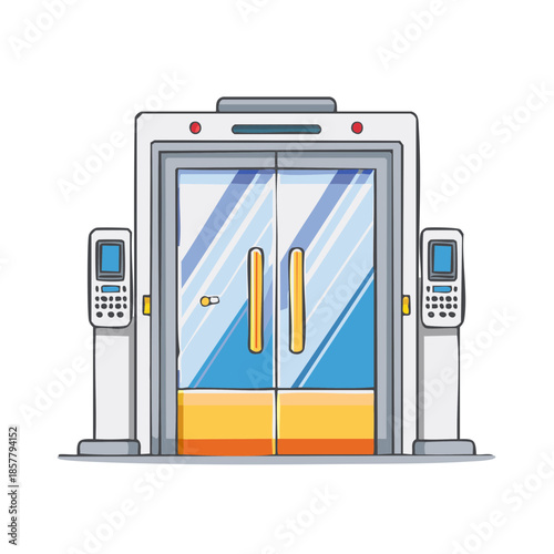 Modern Secure Entrance with Glass Doors and Card Readers for Access Control