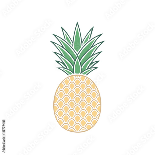 Illustration of a ripe pineapple fruit with green leaves in a simple style