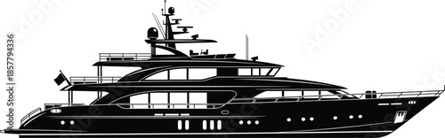 Luxury yacht silhouette, marine transportation, nautical design, elegant vessel, ocean travel, high-end boat, maritime lifestyle, sleek hull, multi-deck ship