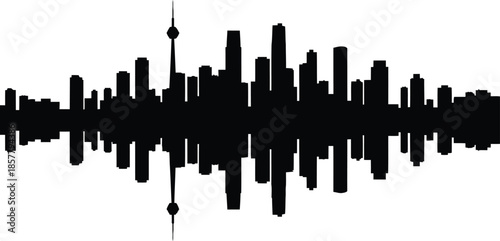 Panoramic Black City Skyline Silhouette With Skyscraper Buildings And Clear Water Reflection For Urban Landscape Banner Design In Stylish Monochrome Graphic Art.