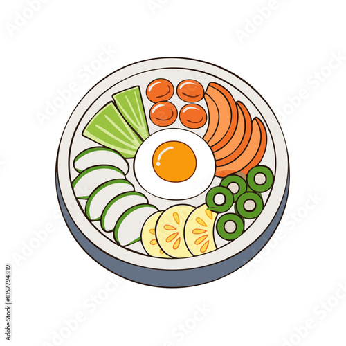 Colorful Rice Bowl with Fried Egg and Fresh Vegetables: Wholesome Meal for Healthy Living,  Vegetarian Food Bowl Illustration