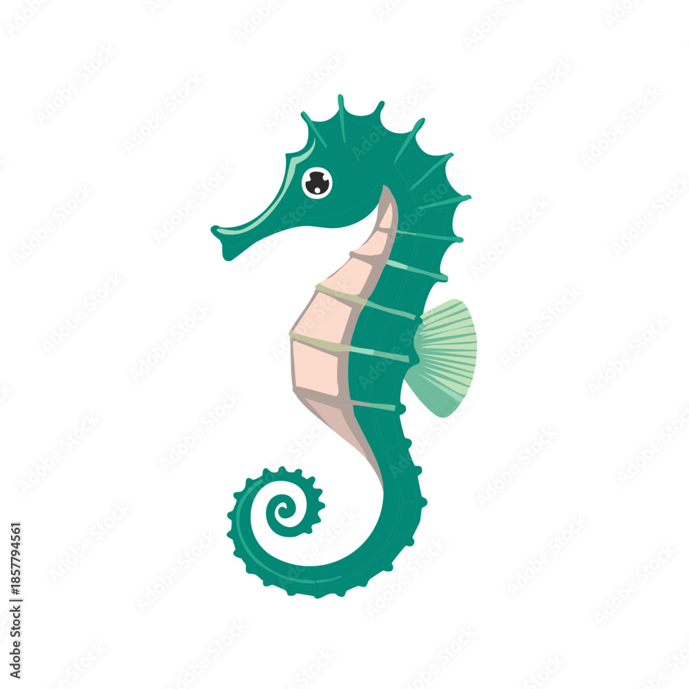 Fototapeta premium Cartoon seahorse illustration of aquatic animal swimming in ocean. Decorative colorful marine life with detailed fins and cute eyes.