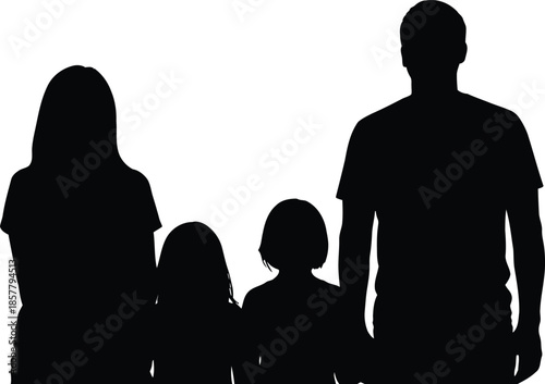 Happy Family Silhouette With Parents And Two Children Standing Together For Parenting Concept Or Insurance Banner Design Element In Stylish Black Monochrome Style.