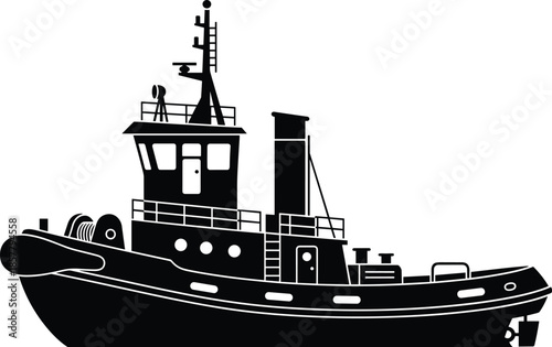 Tugboat silhouette, maritime vessel, harbor navigation, nautical transport, black and white illustration, ship towing, industrial boat, marine equipment, port operations, ocean work