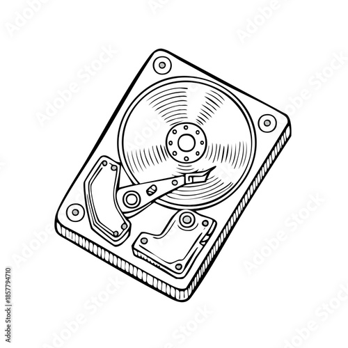 Black and White Illustration of Computer Hard Drive with Visible Disk and Reader Arm for Tech Concepts