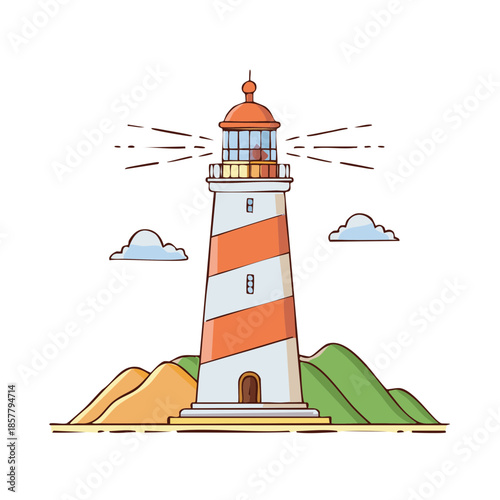 Striped lighthouse beams illumination against cloudy skies on a small island for guidance and navigation coastal charm