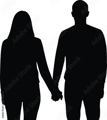 Romantic Young Couple Silhouette Holding Hands Standing Together In Love For Wedding Invitation Or Valentine Day Card Design Element In Stylish Monochrome Black Art.