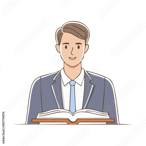 Young man smiling with open book in business attire showcasing education or corporate learning and self improvement concept