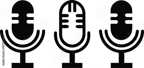 Microphone icon set: music, recording, podcast, mute, sound wave symbols in black 
