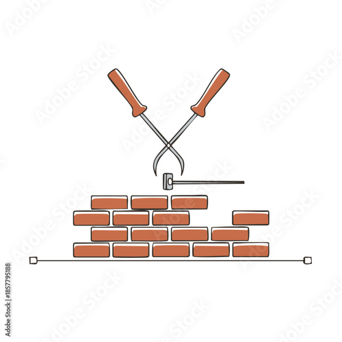 Brick Wall Construction Icon with Tools Illustrating Building, Masonry, and Home Improvement Projects