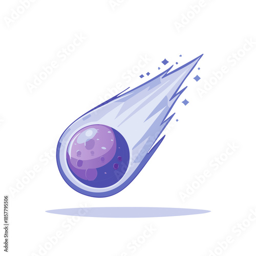 Purple Asteroid Trajectory in Outer Space with Dust Trail and Rocky Surface Texture on a White Background
