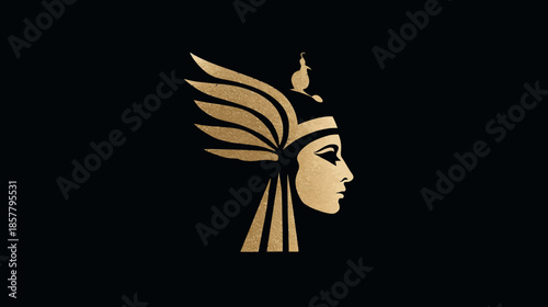 Golden profile of an ancient Egyptian queen or goddess with wings and elaborate headdress on black background, art deco style