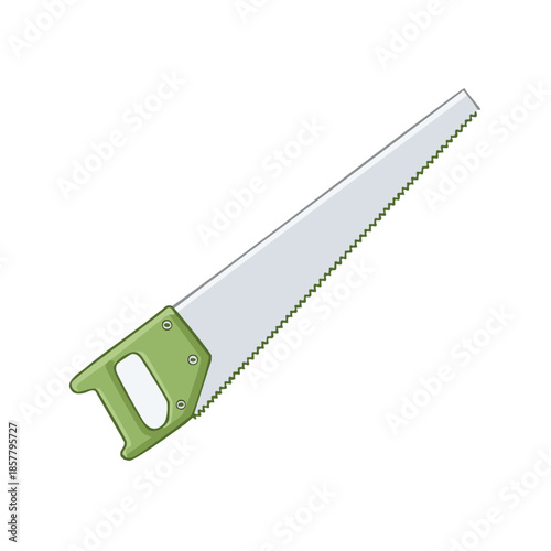 Hand Saw Illustration: Carpentry Tool, Woodworking Implement for Cutting, Manual Saw with Green Handle