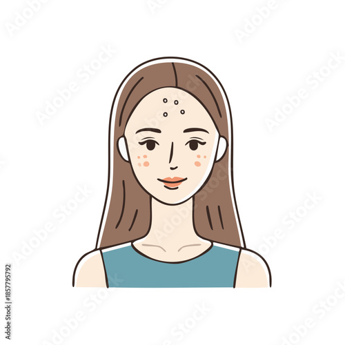 Woman with acne on forehead, skincare treatment, simple illustration of female beauty, puberty and skin issues