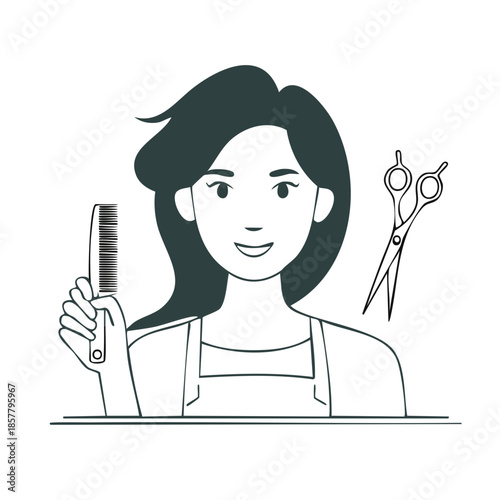 Hairdresser Illustration with Comb and Scissors. Line Art Style Portrait of Female