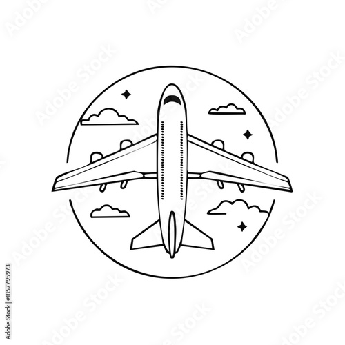 Airplane Flying Through Cloudy Sky - Plane vector illustration for travel and transportation themes in outline design style