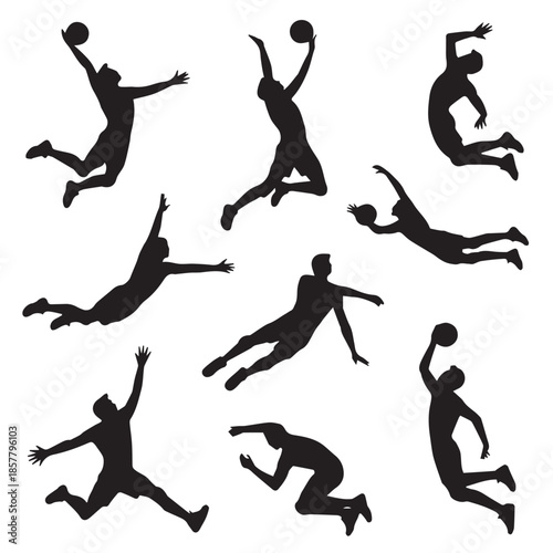 Volleyball Players Silhouettes Set – Action Poses of Athletes Spiking, Diving, and Serving