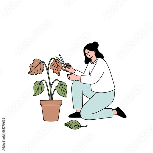Young woman pruning a houseplant while kneeling on the floor  