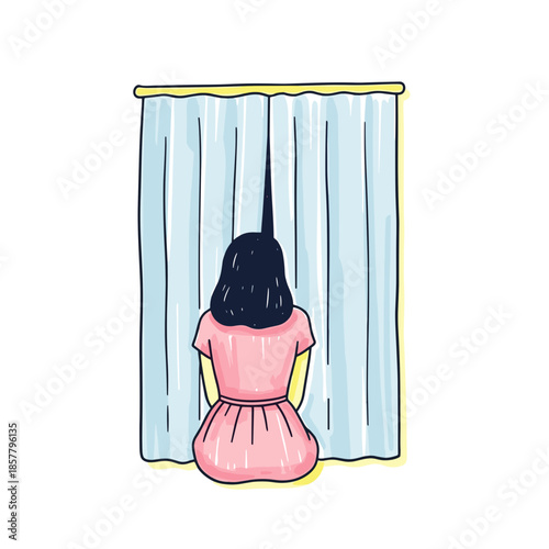 Young woman sitting by the window looking outside behind curtains  